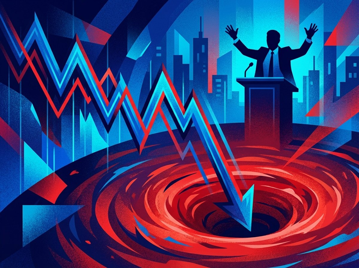 A professional and modern digital illustration representing the financial market volatility. A stylized graph showing a sharp dip in stock prices with a silhouette of a person gesturing at a podium in the background. High contrast, professional color palette with blues and reds, 4:3 aspect ratio, no visible text.