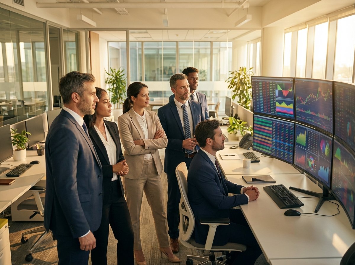 Realistic lifestyle photography of professional stock traders in a modern high-tech office environment, focused on multiple monitors showing stock charts. Warm natural lighting, professional atmosphere, 4:3 aspect ratio, no visible text.