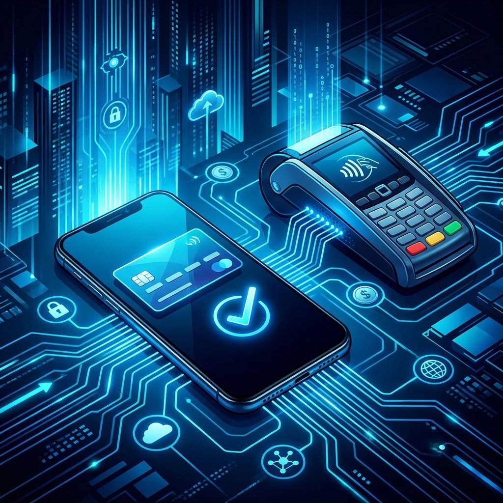 A clean and modern infographic-style illustration of a digital payment transaction happening between a smartphone and a payment terminal. Glowing blue lines connecting digital icons, high contrast, visually rich background, 1:1 aspect ratio, no visible text.