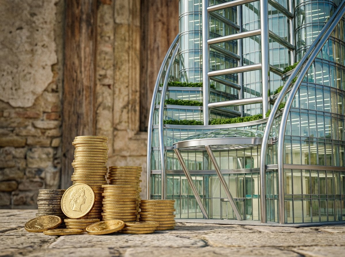 A detailed composition showing a stack of gold coins and a stylized bank building made of glass and steel. Bright balanced lighting, textured background, professional and trustworthy feel, 4:3 aspect ratio, no visible text.