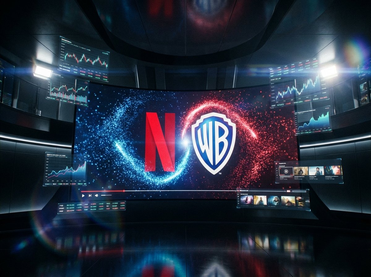A cinematic high-tech representation of Netflix and Warner Bros logos merging on a digital screen, surrounded by glowing financial data charts and streaming interface elements, 4:3 aspect ratio, no text, modern professional lighting.