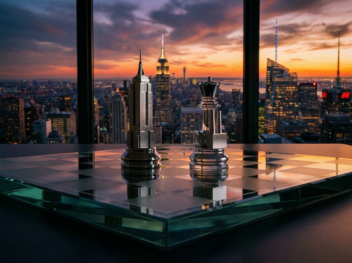 Two chess pieces representing corporate entities on a glass board with a city skyline background at dusk, dramatic lighting, professional corporate atmosphere, 4:3 aspect ratio, no text.