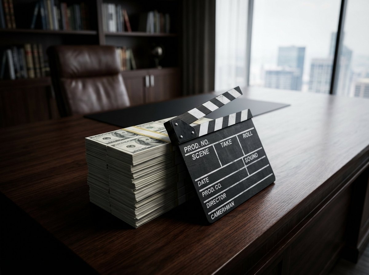 A professional desk featuring a large stack of hundred-dollar bills next to a black movie clapperboard, blurred luxury office background, high contrast, crisp detail, 4:3 aspect ratio, no text.