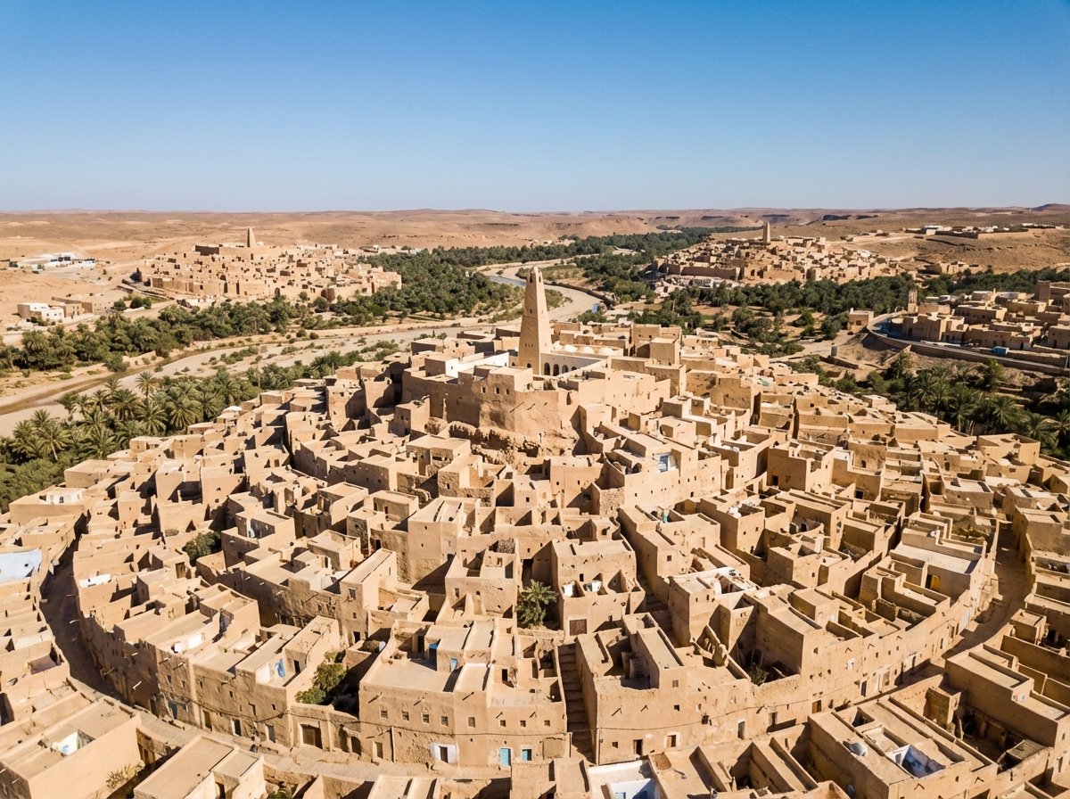 Aerial view of the M'Zab Valley in Algeria showing the ancient fortified city of Ghardaia with its unique sand-colored earthen architecture and a central mosque minaret under a clear blue sky, 4:3 aspect ratio, no visible text