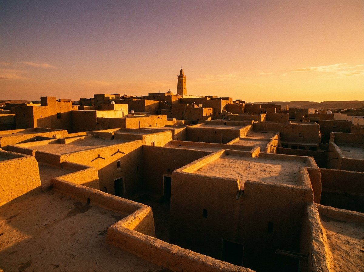 Rooftop view of traditional Saharan houses in M'Zab Valley during sunset, warm golden light hitting the geometric mud-brick structures, looking towards a distant minaret, 4:3 aspect ratio, no visible text