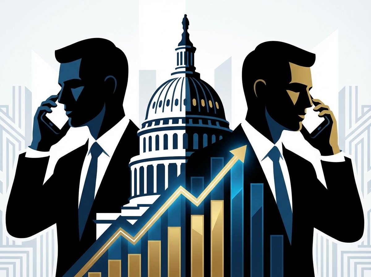 A conceptual illustration representing two high-profile American politicians in a serious telephone conversation about finance. Modern style, symbolic elements of the US Capitol and financial charts in the background. High contrast, clean layout, no visible text, 4:3.