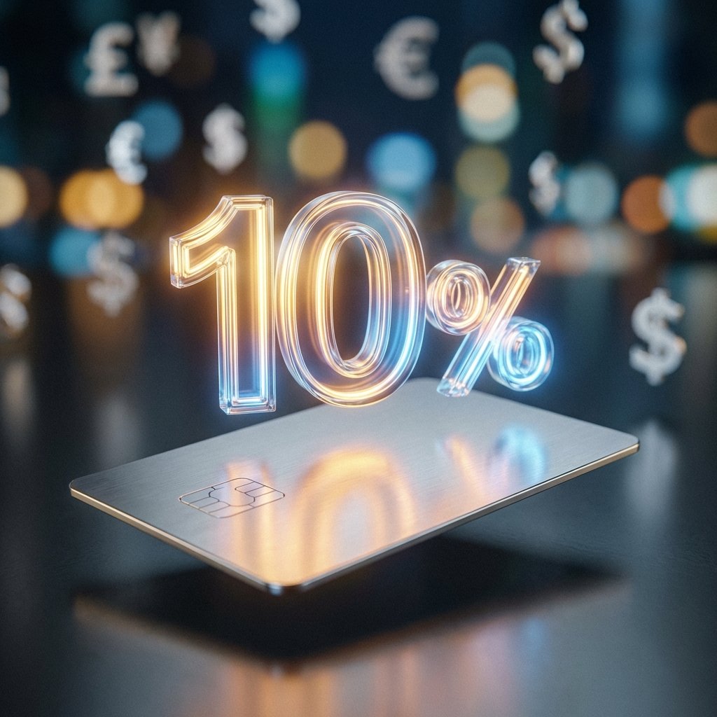 A symbolic high-quality photo of a credit card with a 10 percent icon glowing above it, representing an interest rate cap. Professional studio lighting, blurred financial background, no visible text, 1:1.