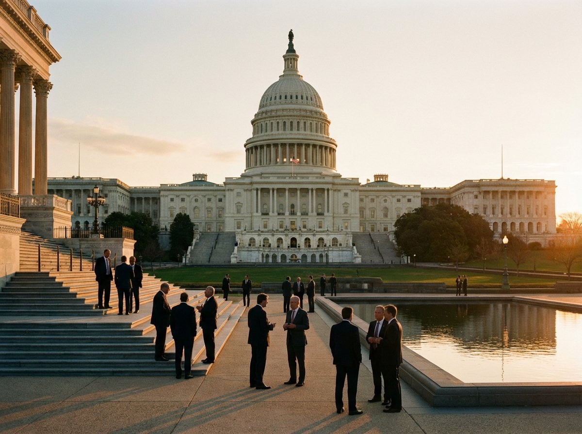 A wide shot of the US Capitol building at sunset, symbolizing political decision-making and economic policy discussions. Warm lighting, professional photography style, no visible text, 4:3.