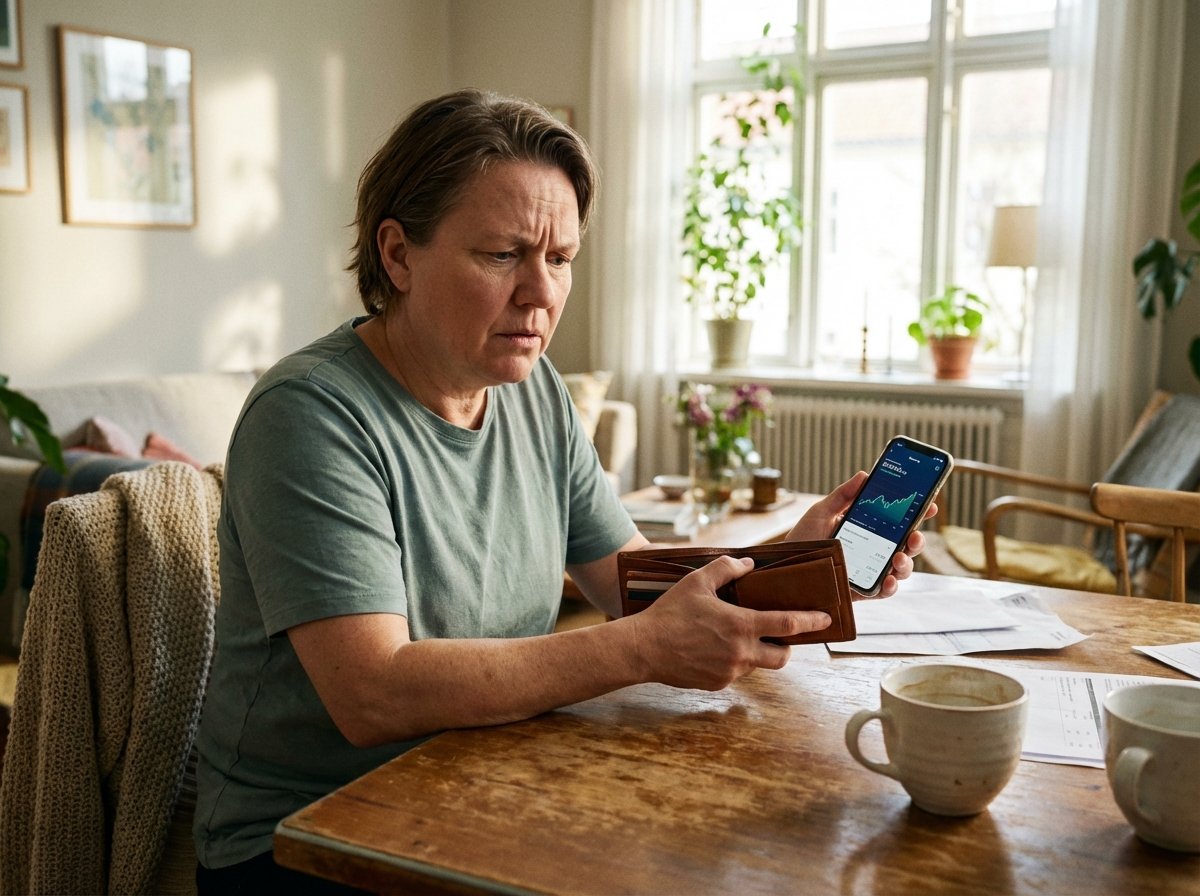 A middle-aged person looking at their wallet and smartphone in a cozy home setting, representing concerns about affordability and credit card rates. Lifestyle photography, natural lighting, no visible text, 4:3.