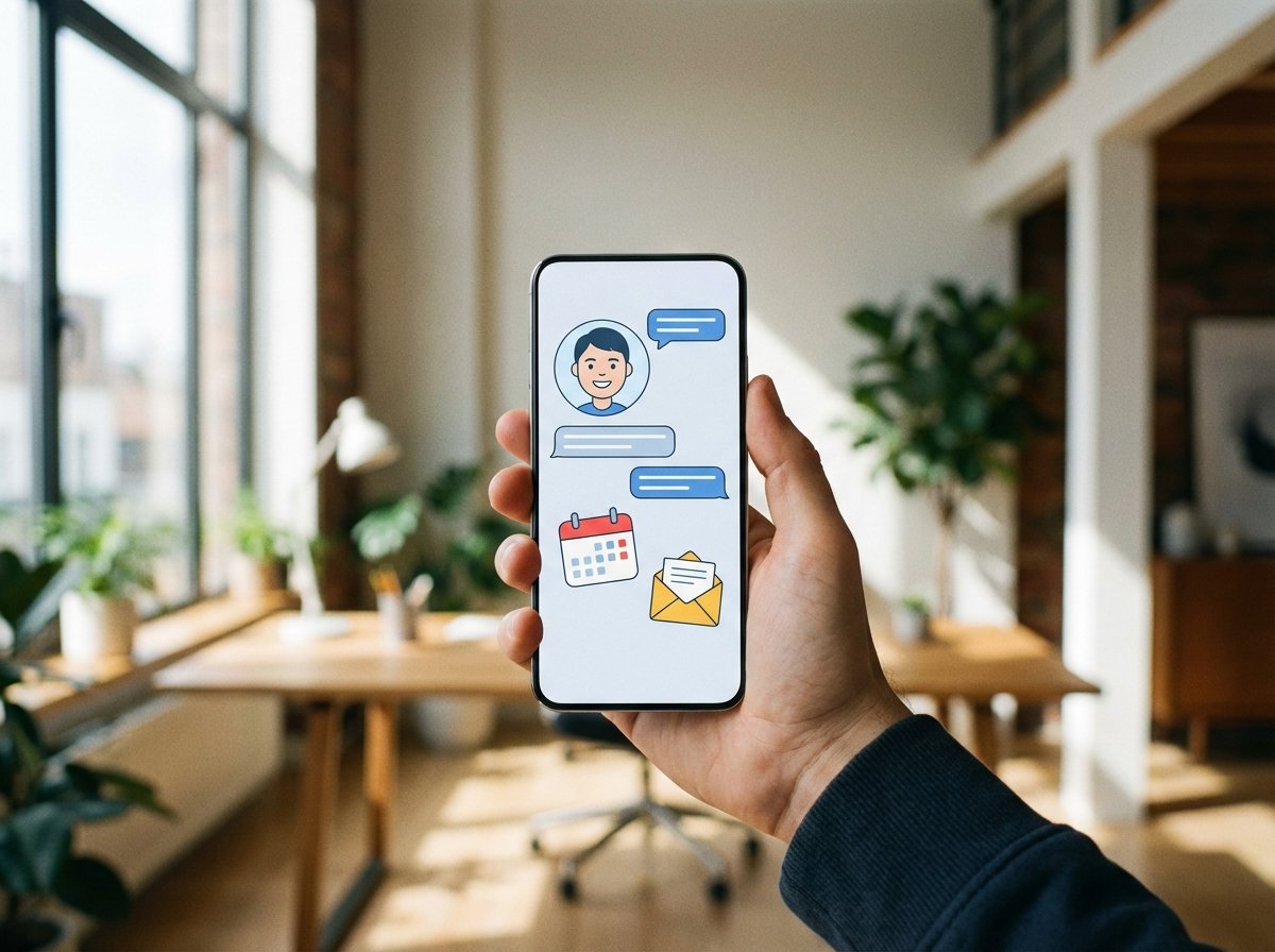 Close up of a person holding a sleek smartphone in a modern home office setting, the screen shows a friendly AI chat interface interacting with personal calendar and email icons, soft natural lighting, 4:3 aspect ratio, no text.
