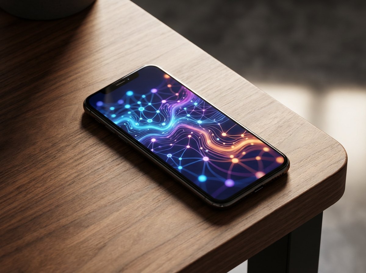 A sleek smartphone displaying an advanced AI chatbot interface with colorful neural network patterns on the screen, placed on a modern wooden desk with soft cinematic lighting, high contrast, 4:3 aspect ratio, no text