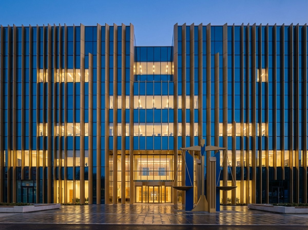 A modern government building facade with a clean architectural design representing justice and law, evening atmosphere with glowing windows, blue and gold color palette, professional photography, 4:3 aspect ratio, no text