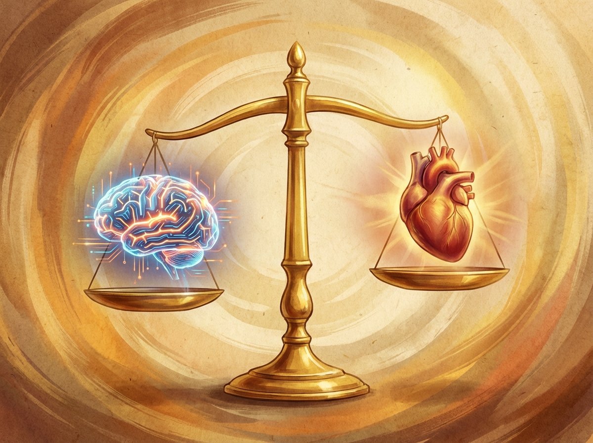 An abstract conceptual illustration showing a golden scale balancing a glowing digital brain and a human heart, warm and artistic rendering, textured paper background, high quality, 4:3 aspect ratio, no text