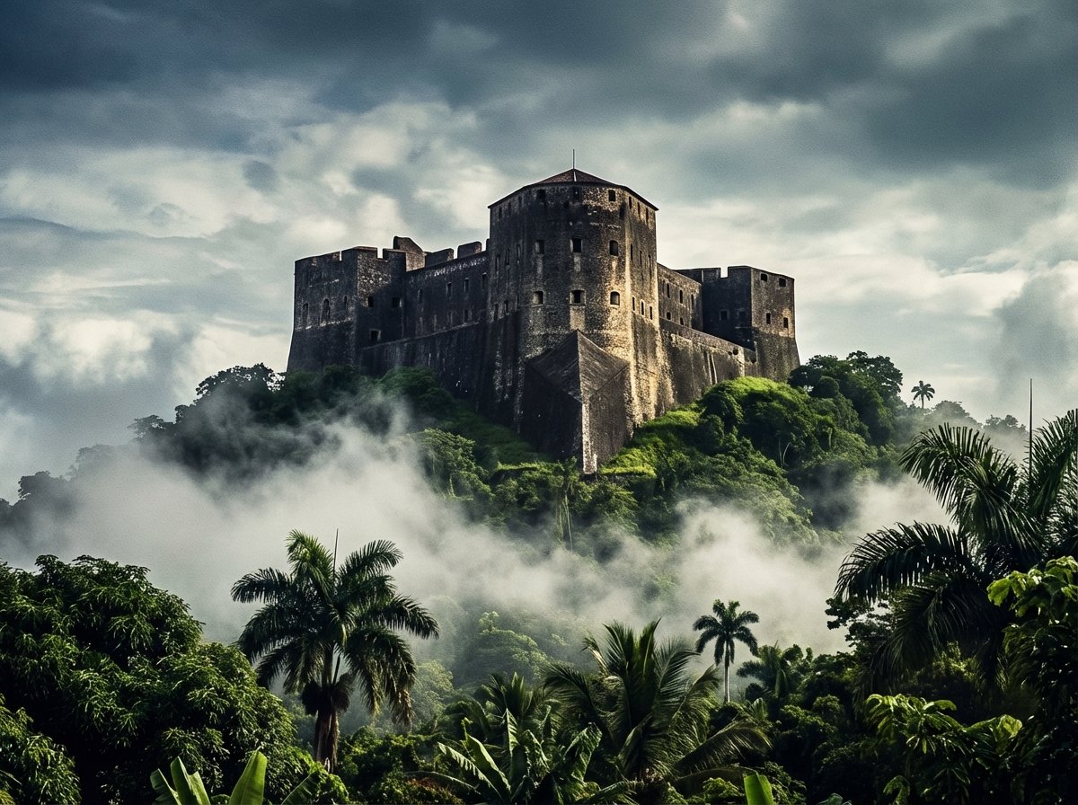 A majestic view of the Citadel Laferriere in Haiti, a massive stone fortress perched on top of a lush green mountain peak, surrounded by clouds and tropical vegetation, 4:3, high contrast, artistic rendering style