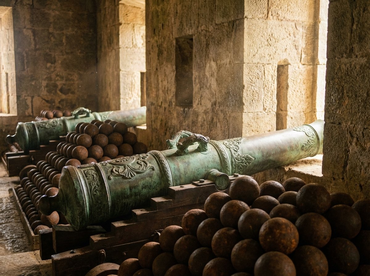 Close-up of antique bronze cannons and piles of iron cannonballs inside the stone corridors of Citadel Laferriere, natural light streaming through wall slits, 4:3, realistic photography, warm lighting