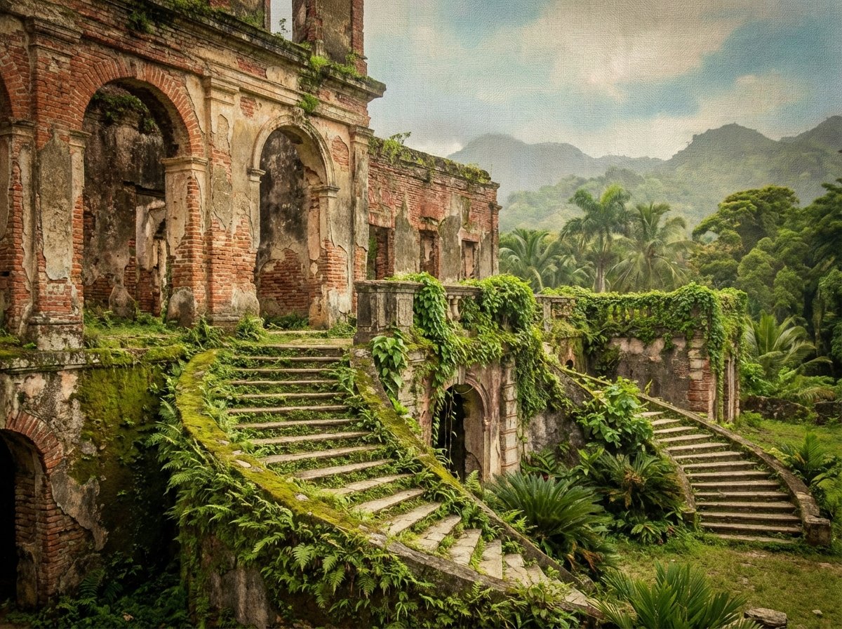The ruins of Sans-Souci Palace in Haiti, showing weathered red brick walls and grand stone staircases overgrown with soft moss, tropical trees in the background, 4:3, artistic rendering, textured background