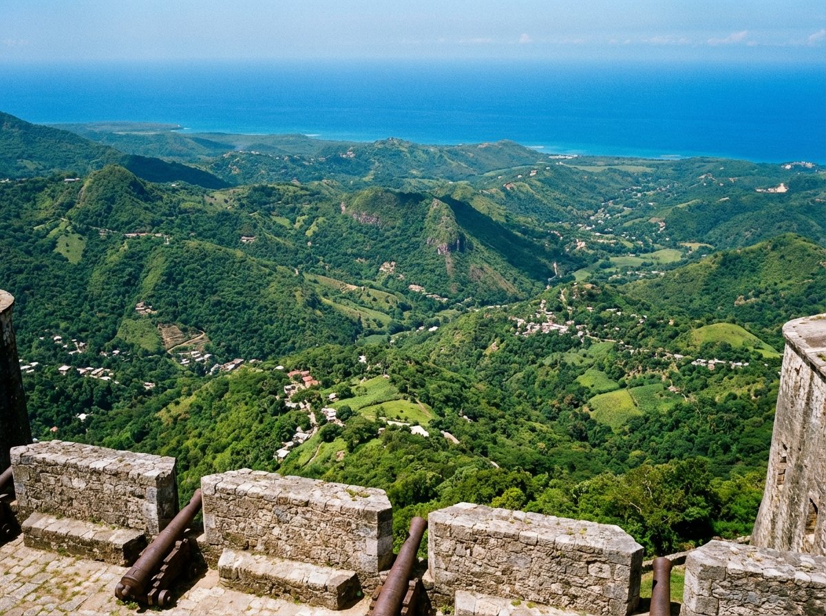 A wide panoramic view from the top of Citadel Laferriere overlooking lush green mountains of Haiti and the distant blue ocean horizon, bright daylight, 4:3, landscape photography, vivid colors