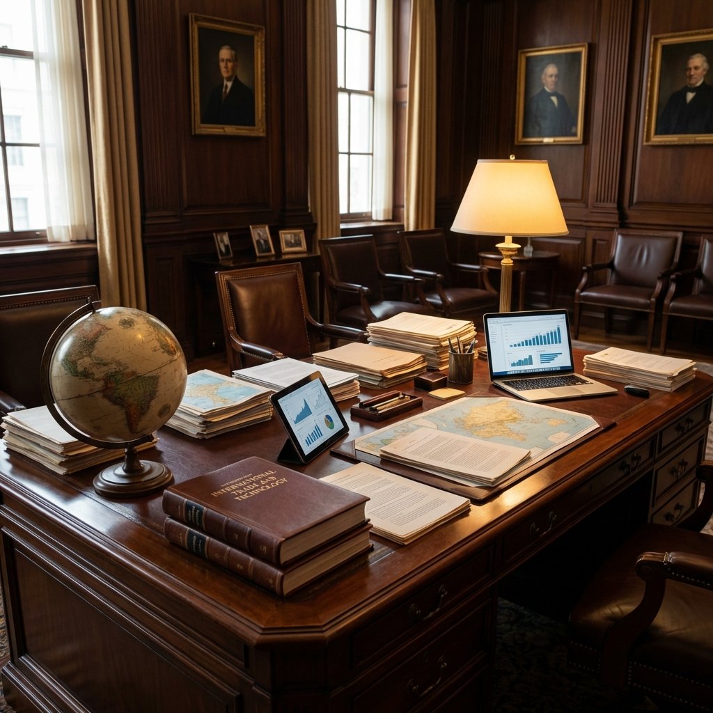 A professional and formal setting representing a government office with a mahogany desk. On the desk are documents related to international trade and technology. Warm lighting, realistic style, professional photography, 1:1 aspect ratio, no visible text.