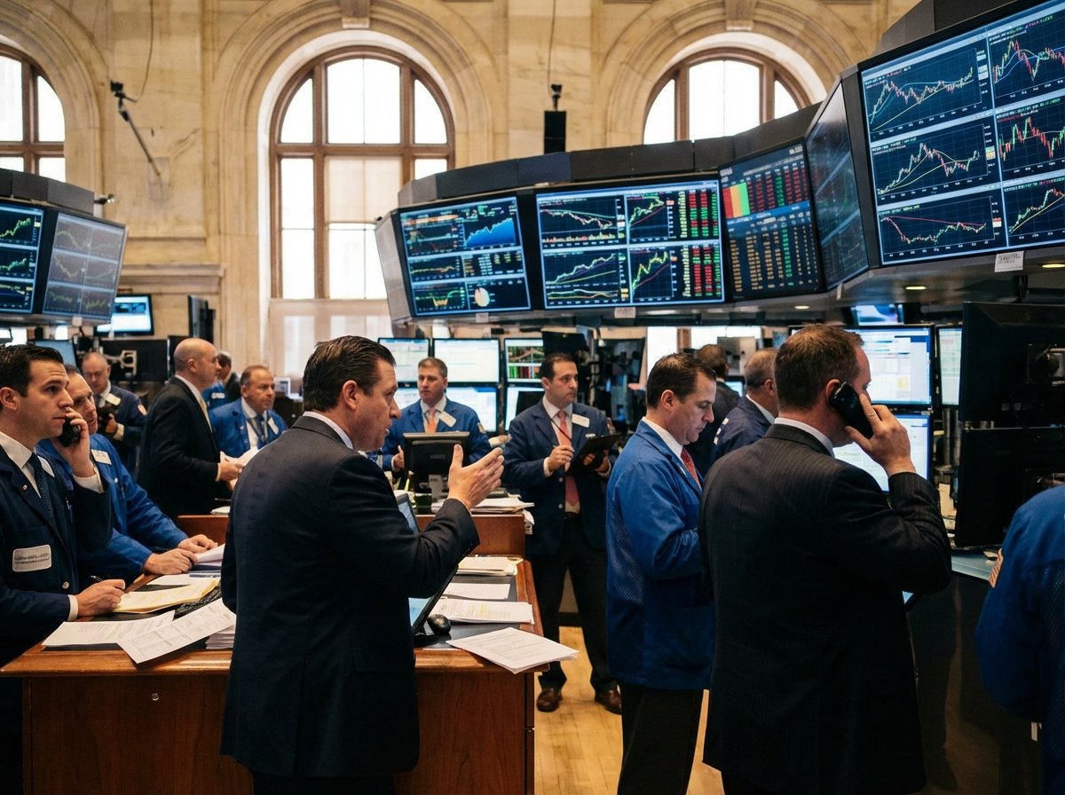 Professional traders working on the floor of the New York Stock Exchange during a busy morning session, high-tech monitors displaying stock charts, cinematic lighting, realistic photography style, 4:3 aspect ratio, no text