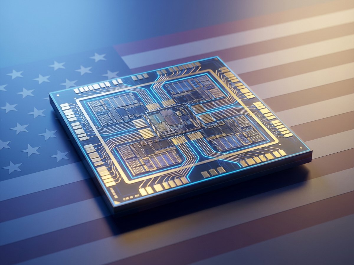 A high-tech semiconductor chip placed on a surface with a subtle American flag pattern in the background, blue and gold lighting, futuristic microchip details, clean and modern composition, 4:3 aspect ratio, no text