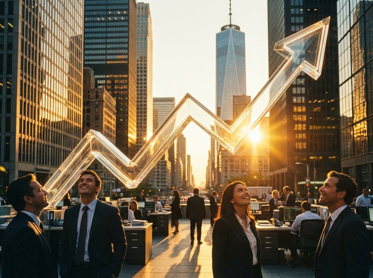 A financial district background with a transparent rising stock market arrow, warm sunset lighting, professional and optimistic atmosphere, high contrast, 4:3 aspect ratio, no text