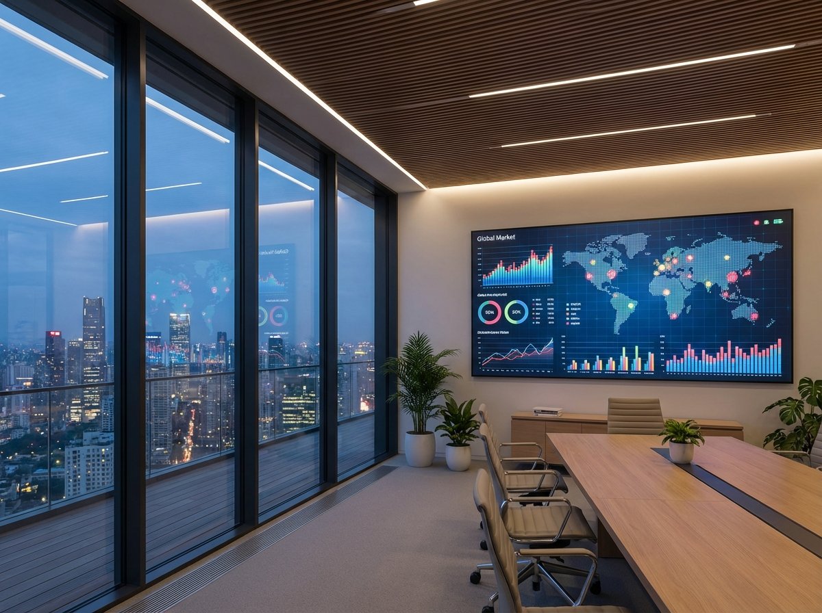 A modern office setting with a large glass window overlooking a city, a digital screen showing global market data and maps, clean and professional design, realistic architectural visualization, 4:3 aspect ratio, no text