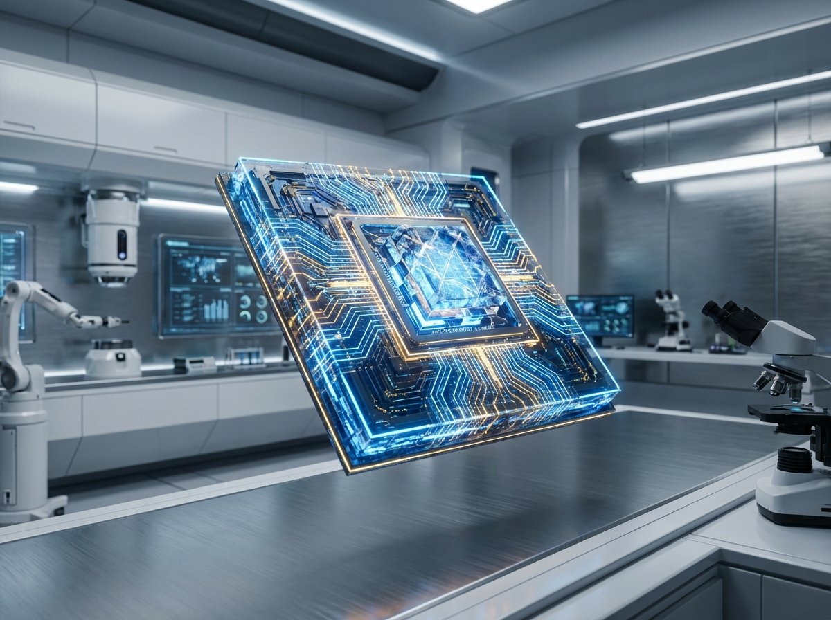 A futuristic AI semiconductor chip glowing with blue and gold light, centered in a high-tech laboratory setting, modern clean design, cinematic lighting, 4:3 aspect ratio, no text.