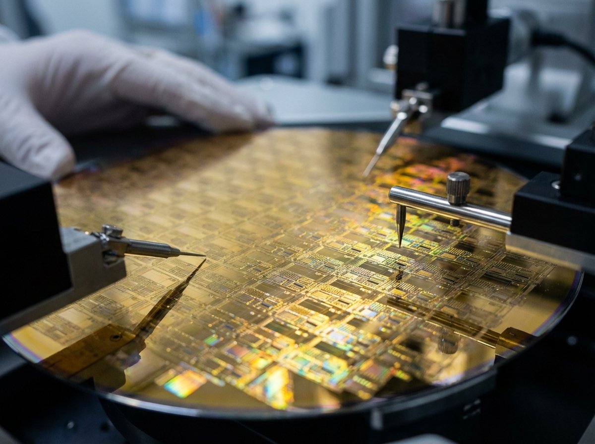 Close-up of a semiconductor silicon wafer being processed in a cleanroom, golden reflective surface with intricate circuit patterns, professional lighting, macro shot, 4:3 aspect ratio, no text.
