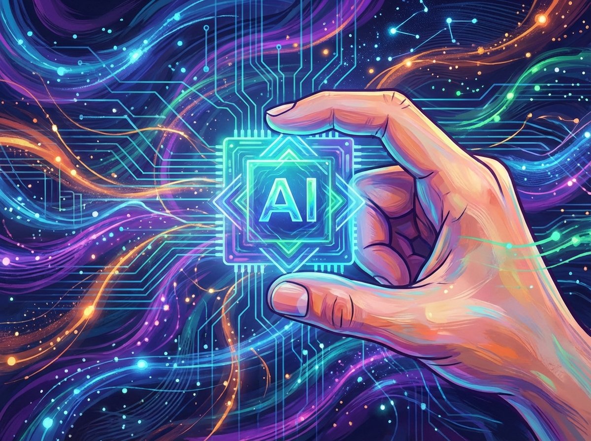 Digital illustration of a human hand holding a translucent glowing AI chip, background filled with complex data streams and light, vibrant colors, artistic rendering, 4:3 aspect ratio, no text.