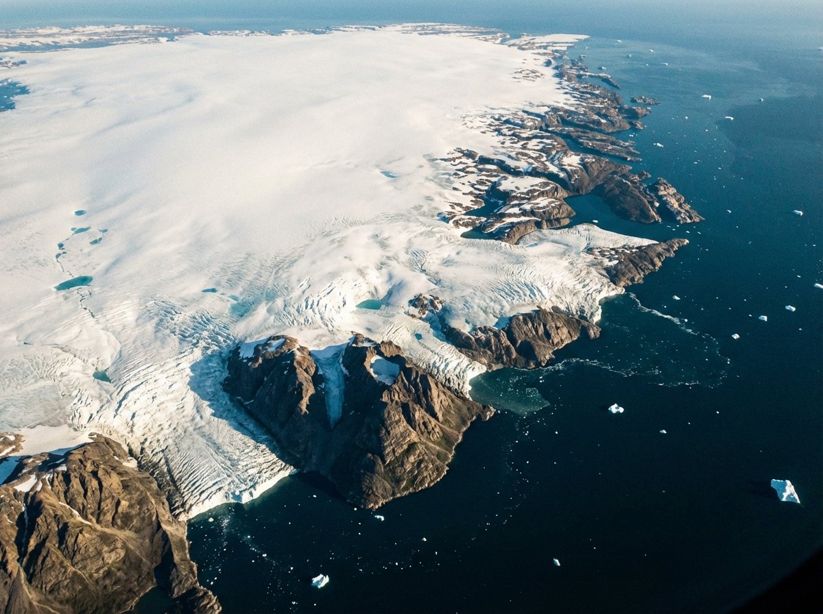 A wide aerial view of Greenland's massive ice sheet and rugged coastline with dark blue arctic water, realistic photographic style, high detail, cinematic lighting, 4:3 aspect ratio, no text.