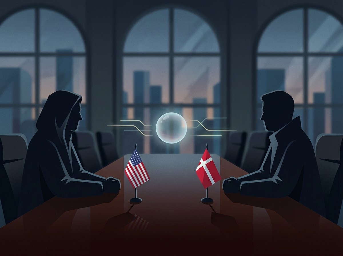 A symbolic illustration of a high-stakes diplomatic meeting with American and Danish flags on a dark mahogany table, professional and serious atmosphere, modern digital art style, 4:3 aspect ratio, no text.