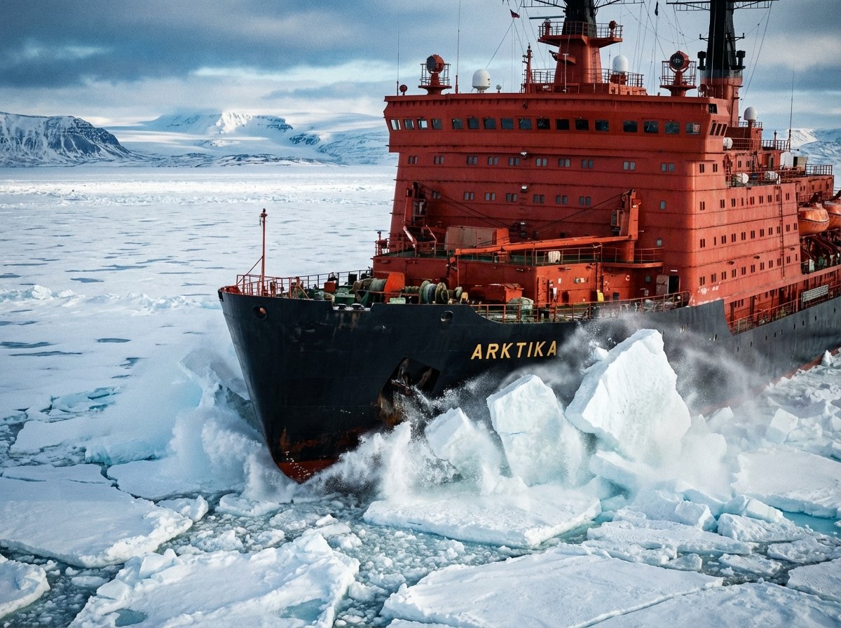 A large, powerful red icebreaker ship cutting through thick white arctic ice, vast frozen landscape in the background, realistic professional photography, low angle shot, 4:3 aspect ratio, no text.