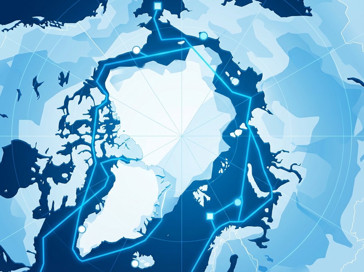 A stylized map of the Arctic region showing strategic routes and locations, clean modern layout with blue and white tones, 4:3 aspect ratio, no text, no charts.
