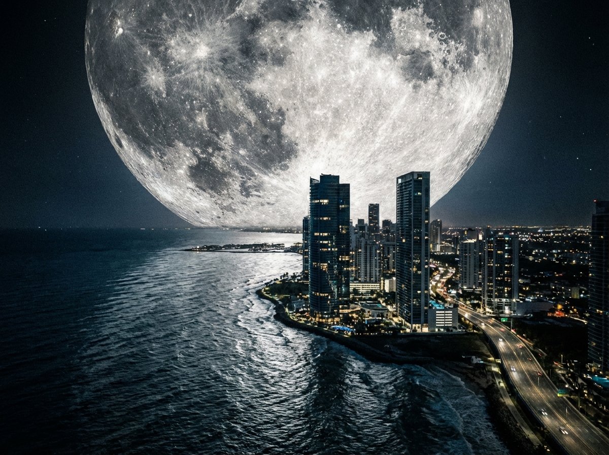 A cinematic view of an impossibly large moon hanging low over a modern coastal city at night, the moon's surface details are incredibly sharp and dominate the sky, reflecting on dark ocean water, dramatic lighting, ultra-realistic, 4:3, no text.