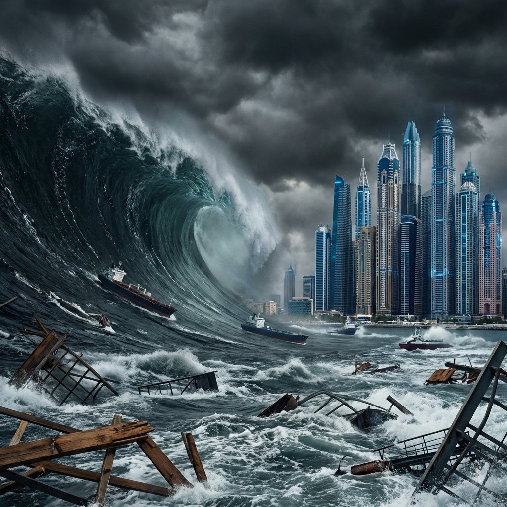 A massive 100-meter high tidal wave approaching a futuristic coastal city, dramatic and terrifying scale, realistic water physics, dark clouds, debris floating, high contrast, 1:1, no text.