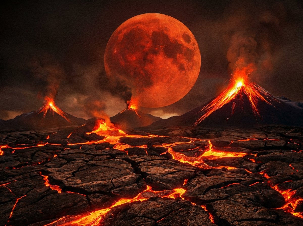 A landscape of cracked earth with lava flowing and volcanoes erupting under a giant moon, dark atmospheric lighting, intense orange and red glow, cinematic texture, 4:3, no text.