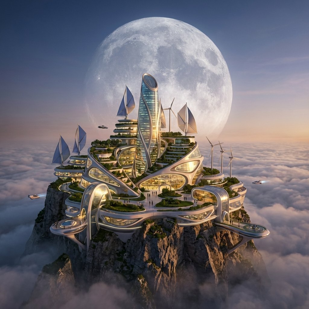 A futuristic high-altitude sanctuary city built on a steep mountain peak above the clouds, giant moon in the background, sci-fi architecture, hope and resilience theme, detailed landscape, 1:1, no text.
