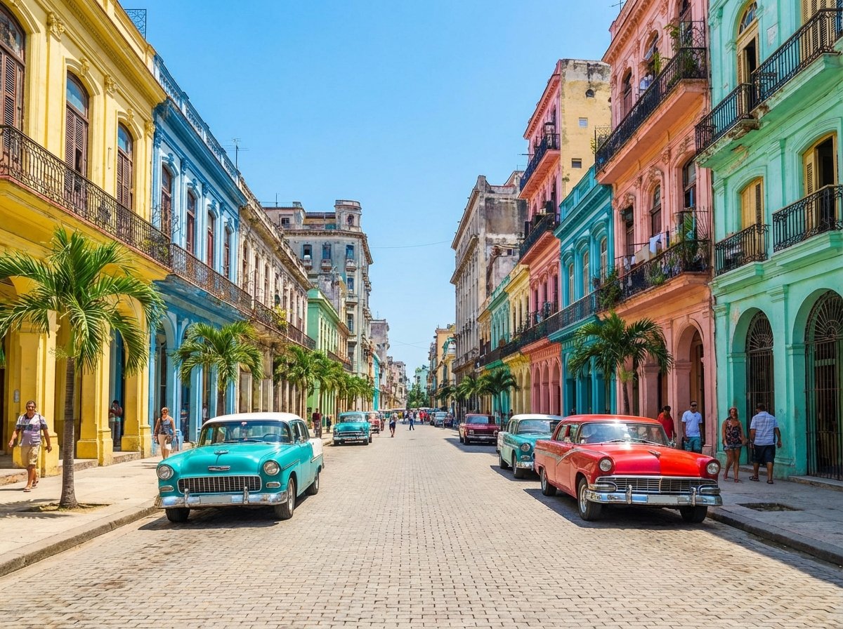 A scenic street view of Old Havana in Cuba with colorful colonial buildings and vintage American cars parked along the cobblestone street under a bright blue sky, 4:3, high quality, no text