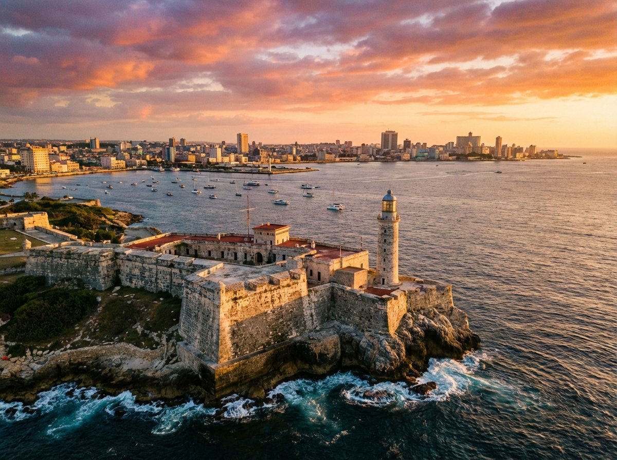 A majestic view of El Morro Fortress at the entrance of Havana Bay during sunset, golden hour lighting hitting the stone walls and lighthouse, 4:3, high quality, no text