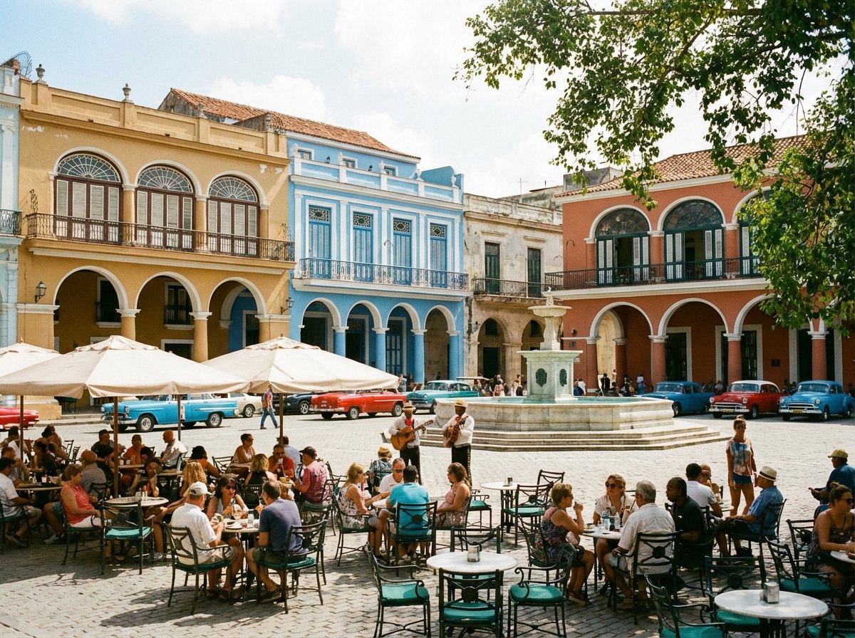 A vibrant scene of Plaza Vieja in Old Havana with people sitting at outdoor cafes, surrounded by restored colorful colonial buildings with arches, 4:3, high quality, no text