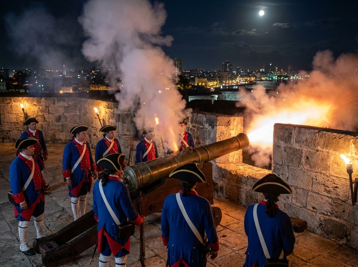 Soldiers in 18th-century Spanish military uniforms firing a cannon at night on the stone walls of La Cabana fortress, smoke and fire from the cannon, city lights in background, 4:3, high quality, no text