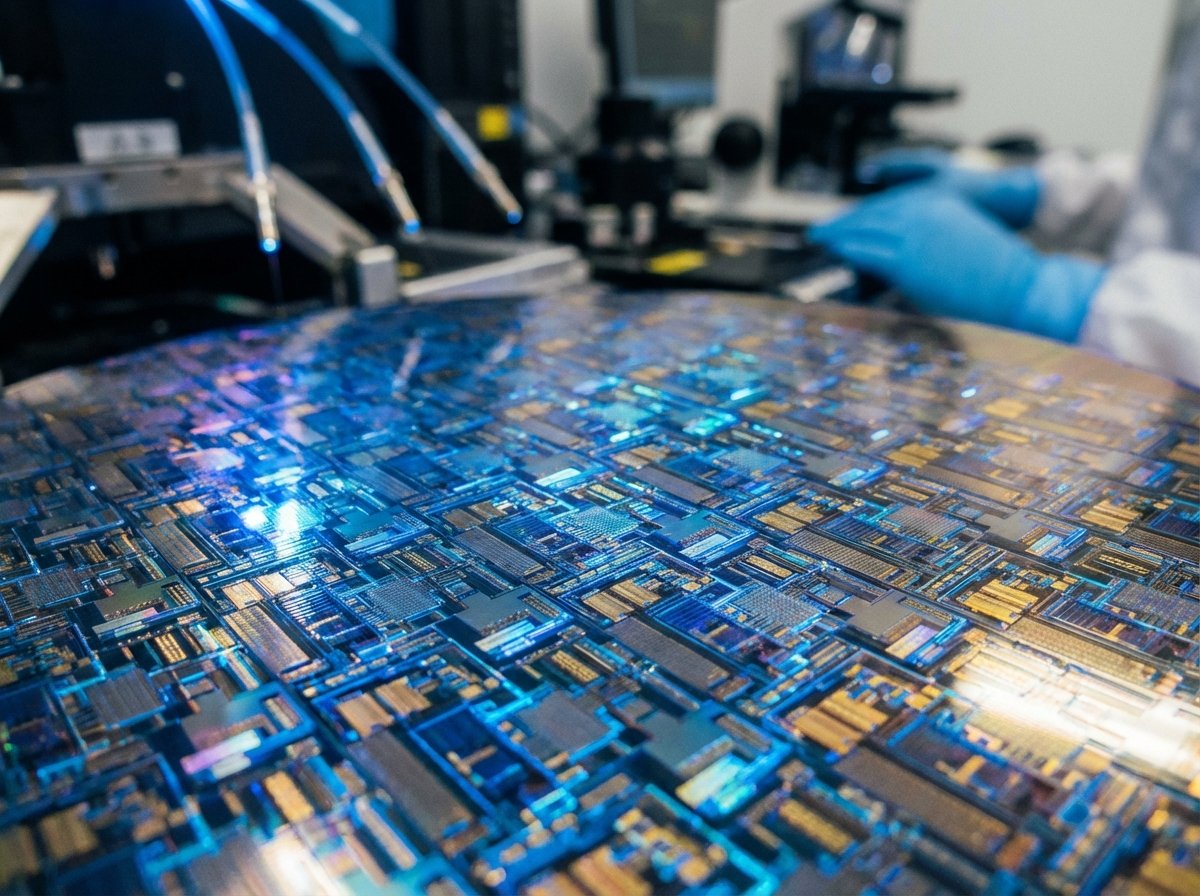 A high-tech close-up of a semiconductor wafer showing intricate circuitry and microscopic nanometer technology with blue and gold lighting, professional laboratory setting, 4:3 aspect ratio, no visible text