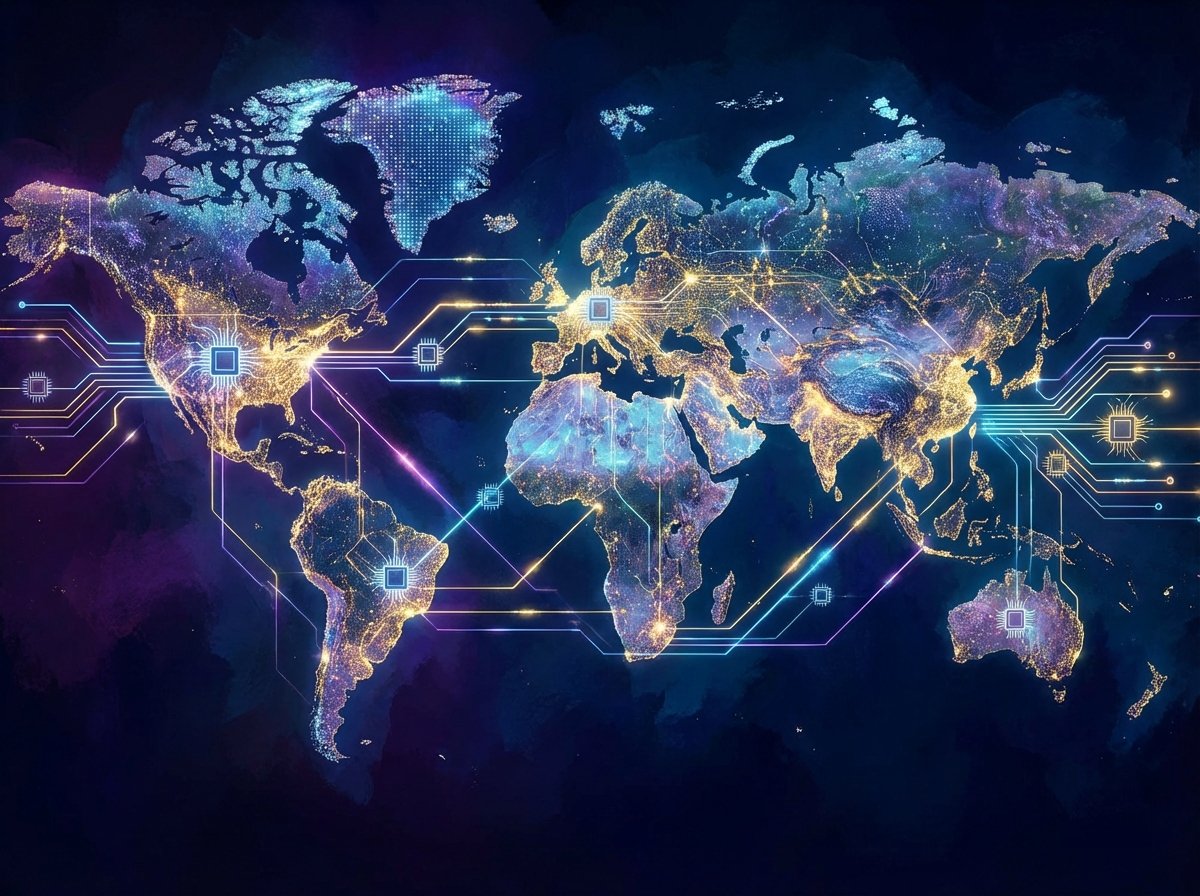 A conceptual illustration of a digital world map connected by glowing lines representing global semiconductor supply chains from Taiwan to USA and Europe, artistic rendering, 4:3 aspect ratio, no visible text