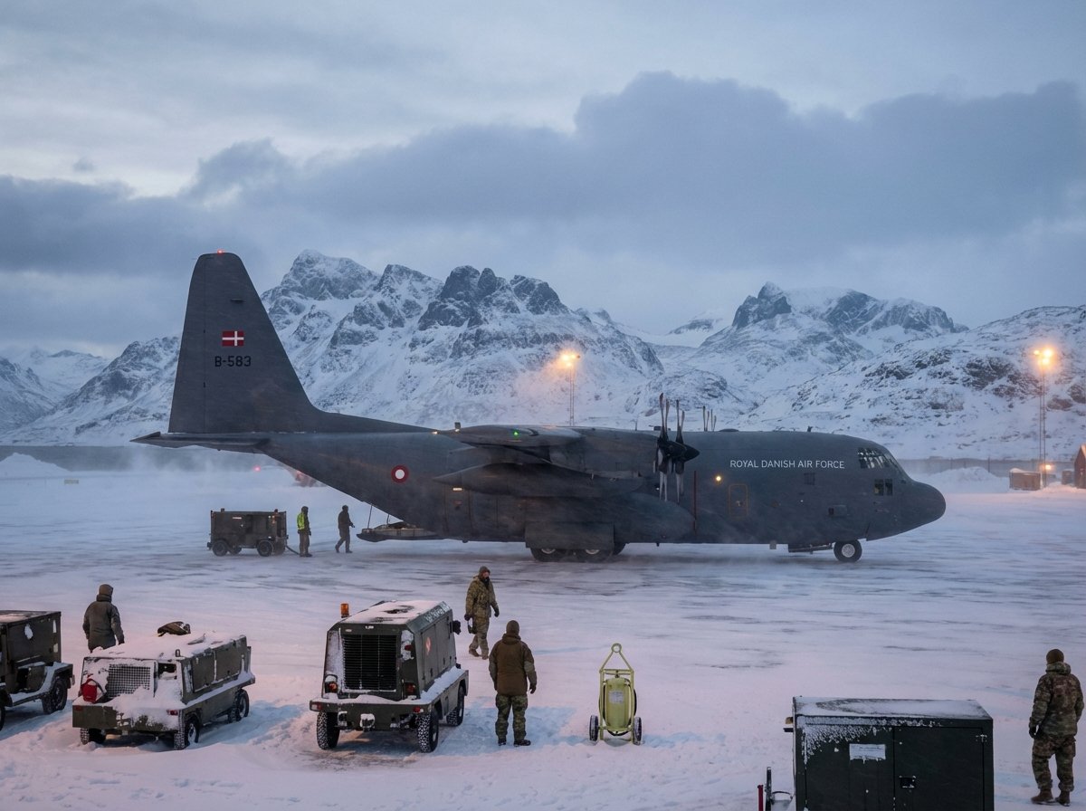 A Royal Danish Air Force Lockheed C-130J Super Hercules parked on the snowy tarmac at Nuuk international airport in Greenland, mountains in background, cold arctic atmosphere, cinematic photography, 4:3, no text