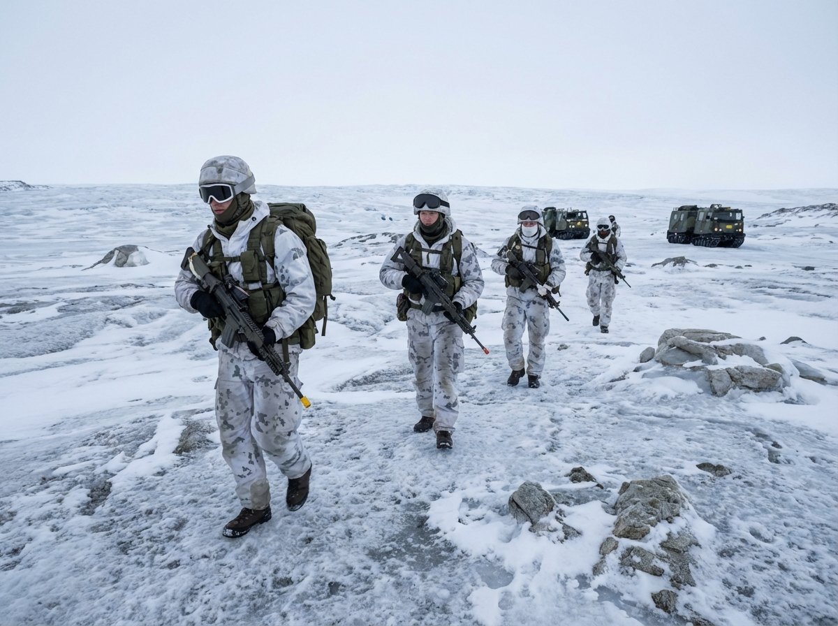 Small group of European NATO soldiers in white winter camouflage gear conducting a military exercise in the snowy landscape of Greenland, icy terrain, professional military photography, 4:3, no text