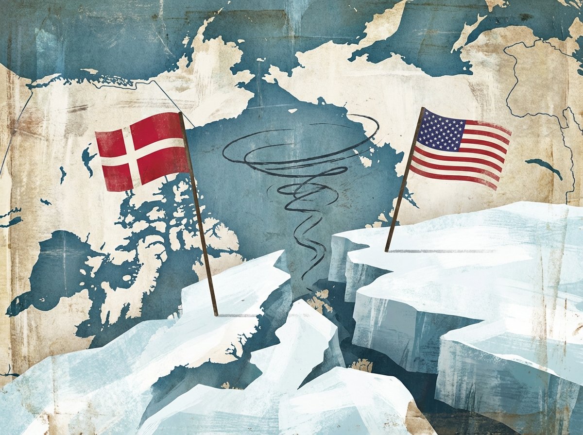 A conceptual illustration of the Arctic region with national flags of Denmark and USA, representing diplomatic tension, textured background, artistic rendering, 4:3, no text