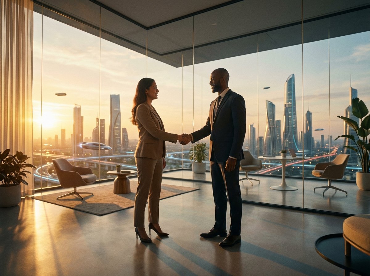 Two professional business leaders shaking hands in a modern, glass-walled office overlooking a futuristic city, warm sunset lighting, cinematic composition, 4:3, no text