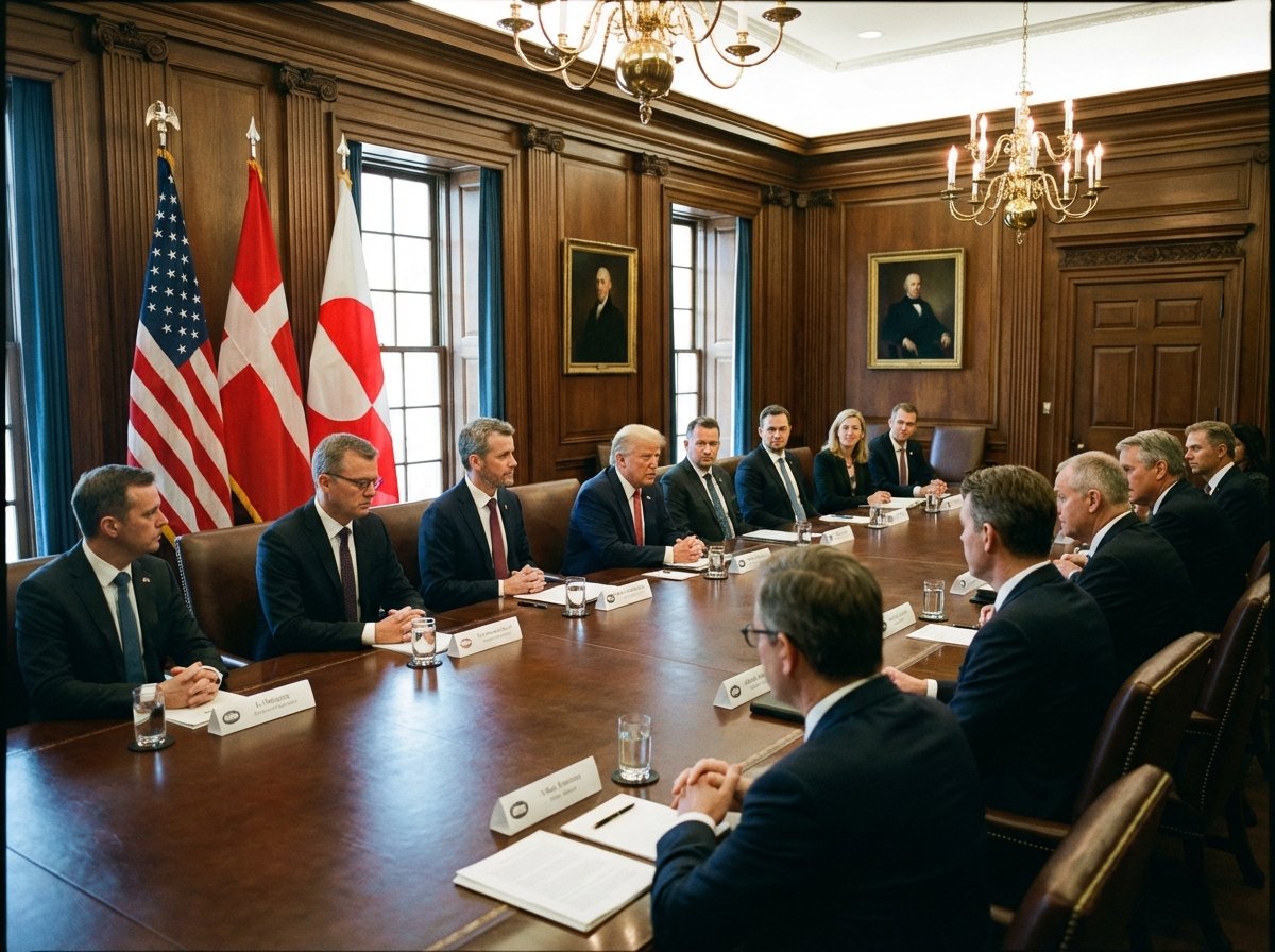A high-stakes diplomatic meeting scene in a grand White House room with US, Danish, and Greenlandic officials. Professional atmosphere, flags of USA, Denmark, and Greenland in the background, cinematic lighting, 4:3 aspect ratio, no text.