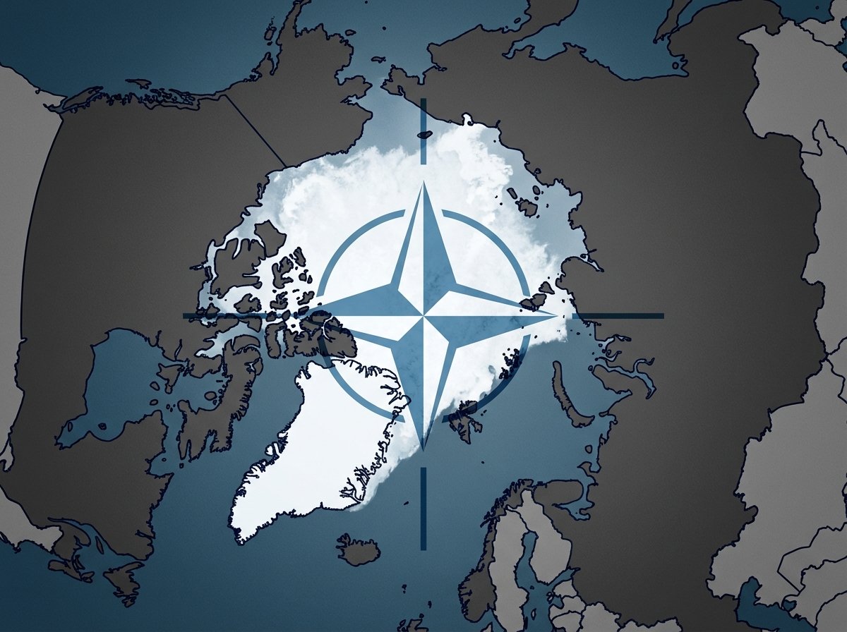A conceptual illustration of Greenland on a world map focused on the Arctic region, overlayed with the NATO symbol. Professional and geopolitical style, high contrast, 4:3 aspect ratio, no text.