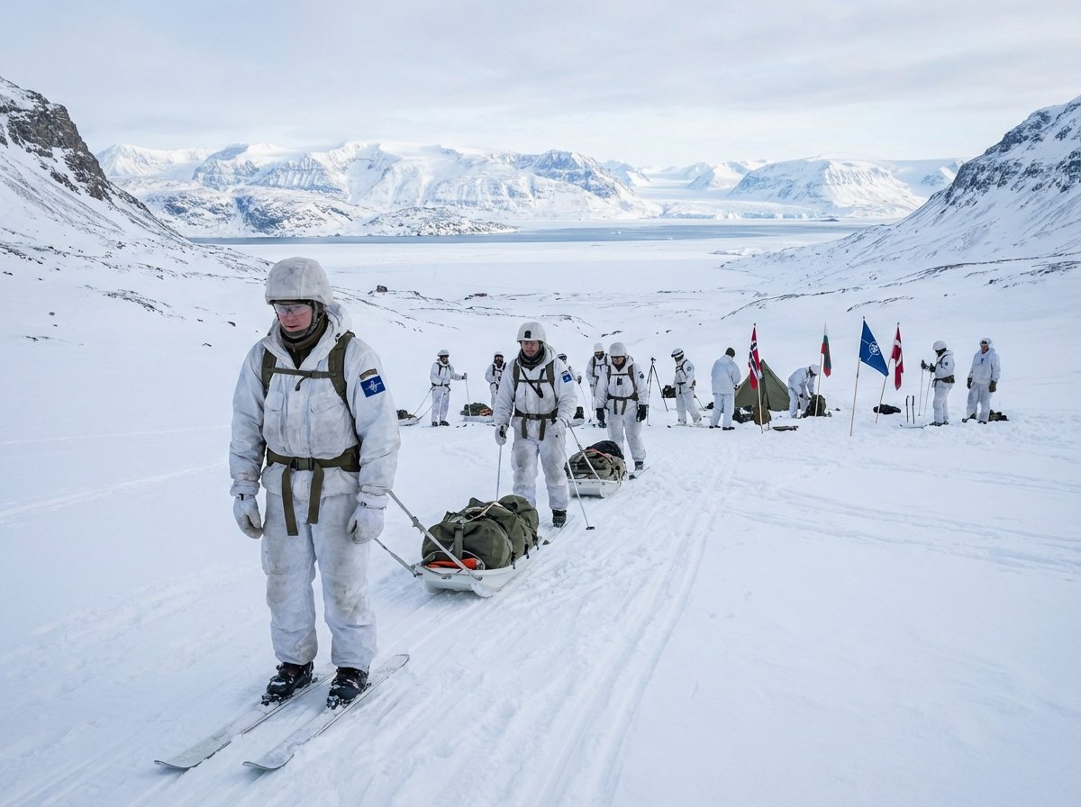NATO military personnel in winter camouflage conducting exercises in the snowy landscape of Greenland. Arctic gear, professional military photography style, natural lighting, 4:3 aspect ratio, no text.